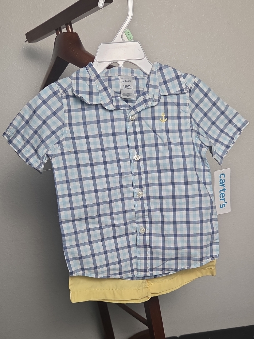 Carter's 2pc Blue & White Plaid Button-Down Shirt Yellow Shorts